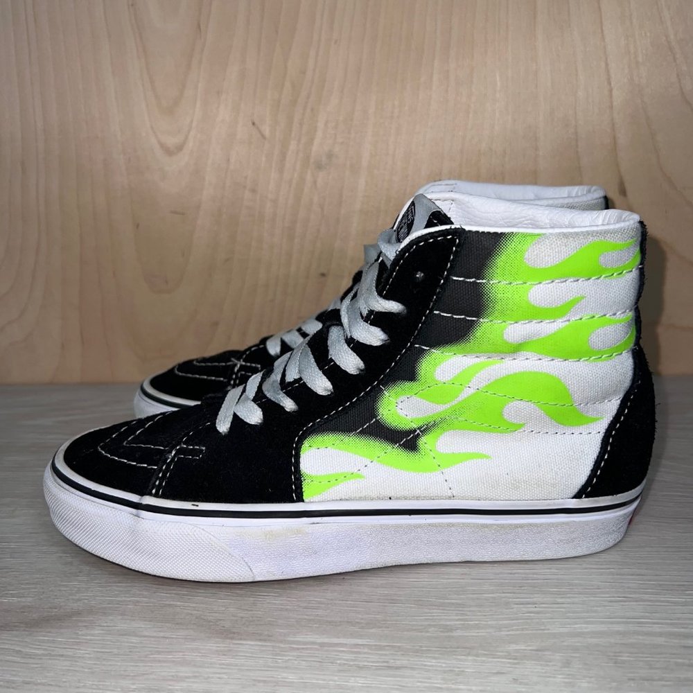 Vans Black and Neon Green Flame Sneakers